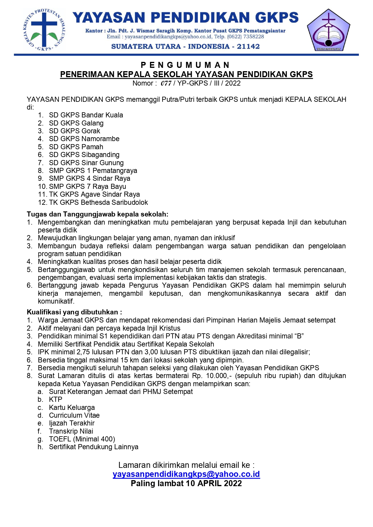 Pengumuman Penerimaan Kepala Sekolah Yayasan Pendidikan GKPS